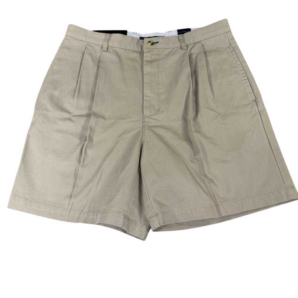 Tommy Hilfiger Mens 36 Pleated Chino Shorts Khaki Tan Cotton Crest Logo T4895